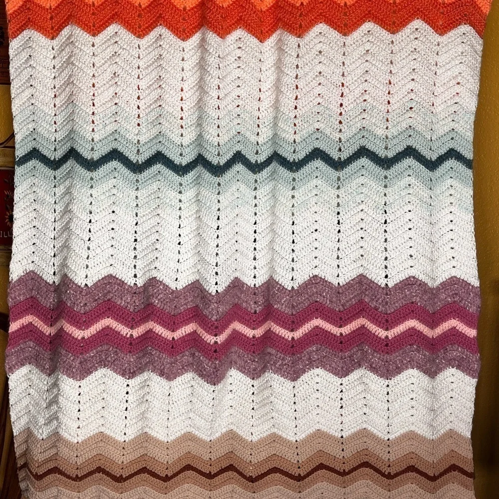 Handmade Chevron crocheted blanket throw mixed yarns 88” X 44”